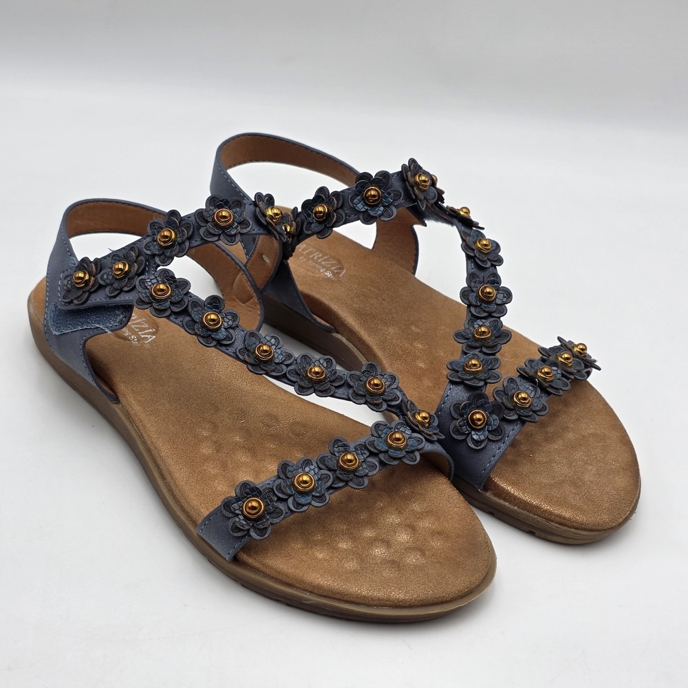 Patrizia by Spring Step Women's 8.5 Rhinestone Blue Floral Shoes Flats Sandal